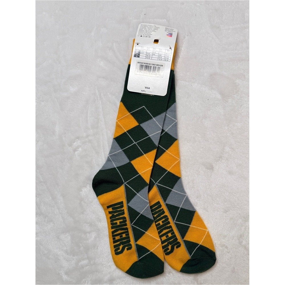Official NFL Green Bay‎ Packers Green, Gold & Gray Argyle Dress Socks NWT